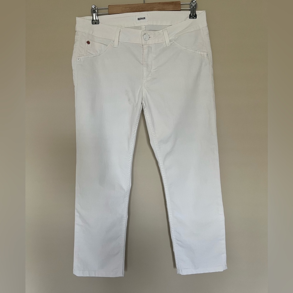 Hudson White Bacará Crop Straight Cuffed Jeans